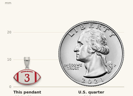 True size: 10k White Gold Personalized Football Epoxy Pendant shown next to a US quarter (24.3 mm)