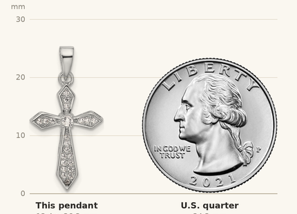 Classique True Size: Sterling Silver Rhodium-plated CZ Polished Pointed Cross Pendant shown next to a US quarter (24.3 mm)