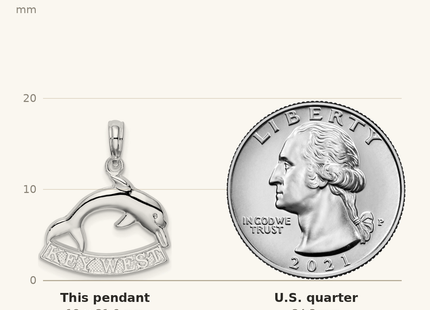 Classique True Size: De-Ani Sterling Silver Rhodium-Plated Polished Key West Dolphin Pendant shown next to a US quarter (24.3 mm)
