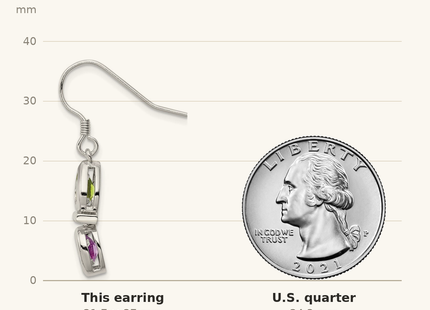 Classique True Size: Sterling Silver Rhodium Plated Peridot and Amethyst Dangle Earrings shown next to a US quarter (24.3 mm)