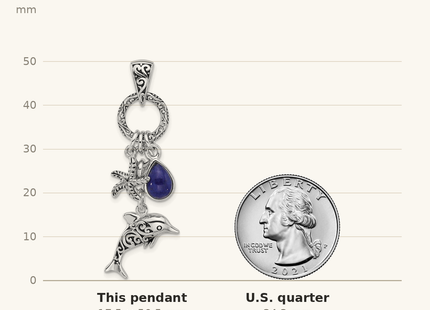 Classique True Size: Sterling Silver Rhodium-plated Antiqued Lapis Lazuli Dolphin and Starfish Pendant shown next to a US quarter (24.3 mm)