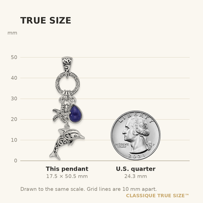 Sterling Silver Rhodium-plated Antiqued Lapis Lazuli Dolphin and Starfish Pendant
