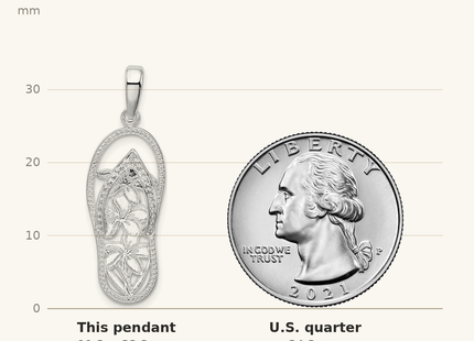 Classique True Size: De-Ani Sterling Silver Rhodium-Plated 3D Cut-Out Flowers Flip-flop Pendant shown next to a US quarter (24.3 mm)