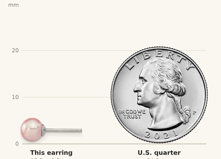 Classique True Size: Sterling Silver Rhodium-plated 6- Purple Round Freshwater Cultured Pearl Post Earring shown next to a US quarter (24.3 mm)