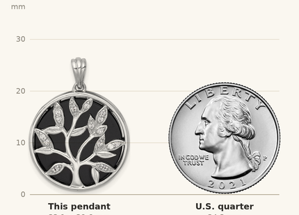 Classique True Size: Sterling Silver Rhodium-plated Polished Onyx Circle and CZ Tree of Life Pendant shown next to a US quarter (24.3 mm)