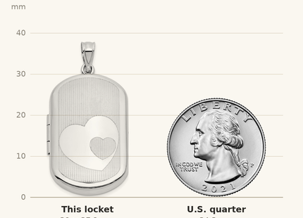Classique True Size: Sterling Silver Rhodium-plated Polished Front/Brushed Back Two Hearts Rectangle Locket shown next to a US quarter (24.3 mm)
