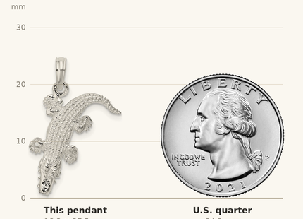 Classique True Size: De-Ani Sterling Silver Rhodium-Plated Polished 3D Alligator Pendant shown next to a US quarter (24.3 mm)