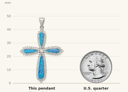 Classique True Size: Sterling Silver RH-plated Blue Created Opal & CZ Border Cross Pendant shown next to a US quarter (24.3 mm)