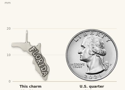 Classique True Size: Sterling Silver Antiqued Florida State Charm shown next to a US quarter (24.3 mm)