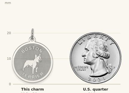 Classique True Size: Sterling Silver Rhodium-plated Boston Terrier Disc Charm shown next to a US quarter (24.3 mm)