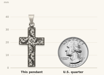 Classique True Size: Sterling Silver Antiqued Scroll Cross Pendant shown next to a US quarter (24.3 mm)