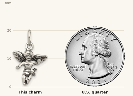 Classique True Size: Sterling Silver Antiqued Angel Charm shown next to a US quarter (24.3 mm)