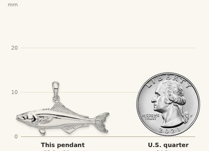 Classique True Size: De-Ani Sterling Silver Rhodium-Plated Polished 3D Cobia Fish Pendant shown next to a US quarter (24.3 mm)