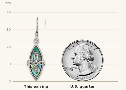 Classique True Size: Sterling Silver Rhodium-plated Polished Abalone Cross Dangle Shepherd Hook Earrings shown next to a US quarter (24.3 mm)