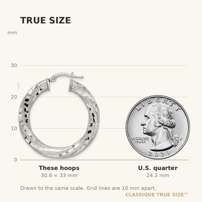 Sterling Silver Rhodium-plated D/C Twisted Tube Hoop Earrings, 33 x 3mm