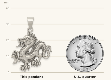 Classique True Size: Sterling Silver Antiqued & Textured Chinese Dragon Pendant shown next to a US quarter (24.3 mm)