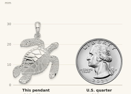 Classique True Size: De-Ani Sterling Silver Rhodium-Plated Polished Large Swimming Sea Turtle Pendant shown next to a US quarter (24.3 mm)