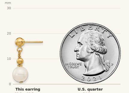 True size: 14K 7- White Semi-round Freshwater Cultured Pearl Post Dangle Earrings shown next to a US quarter (24.3 mm)