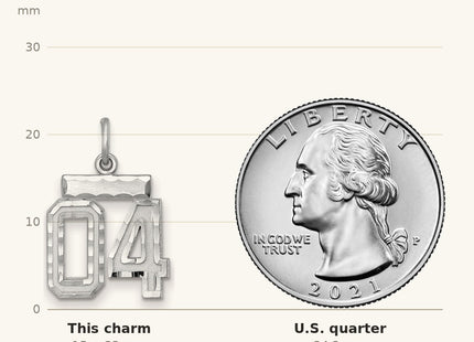True size: Sterling Silver Rhodium-plated Small Diamond-cut #04 Charm shown next to a US quarter (24.3 mm)