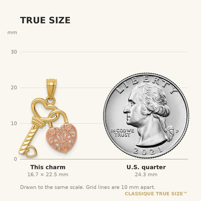 14K Two-tone Polished Filigree Heart Lock and Diamond-cut Key Charm