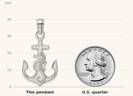 Classique True Size: De-Ani Sterling Silver Rhodium-Plated Polished Anchor with Seahorse Pendant shown next to a US quarter (24.3 mm)