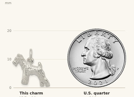 Classique True Size: Sterling Silver Schnauzer Charm shown next to a US quarter (24.3 mm)