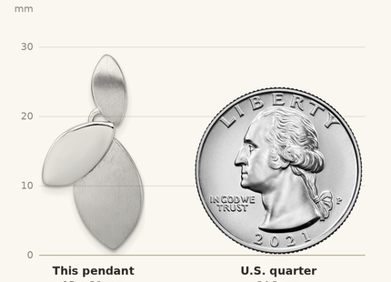 Classique True Size: Sterling Silver Rhodium-plated Brushed and Polished Fancy Leaves Chain Slide Pendant shown next to a US quarter (24.3 mm)