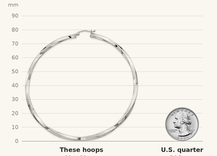 Classique True Size: Sterling Silver Rhodium-plated 3x80mmTwisted Hoop Earrings shown next to a US quarter (24.3 mm)