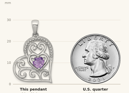 Classique True Size: Sterling Silver Rhodium-plated Polished and Beaded Amethyst Filigree Heart Pendant shown next to a US quarter (24.3 mm)