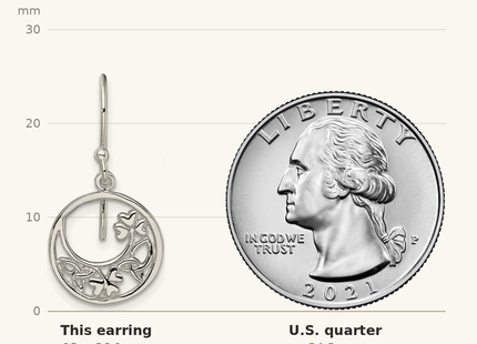 Classique True Size: Sterling Silver Rhodium-plated Circle Clover/Celtic Knot Dangle Earrings shown next to a US quarter (24.3 mm)