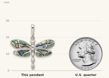 Classique True Size: Sterling Silver Abalone Dragonfly Pendant shown next to a US quarter (24.3 mm)