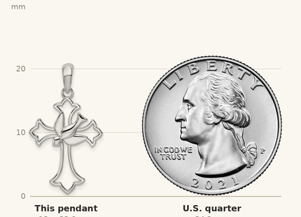 Classique True Size: De-Ani Sterling Silver Rhodium-Plated Cut-Out Fleur de Lis Cross with Dove Pendant shown next to a US quarter (24.3 mm)