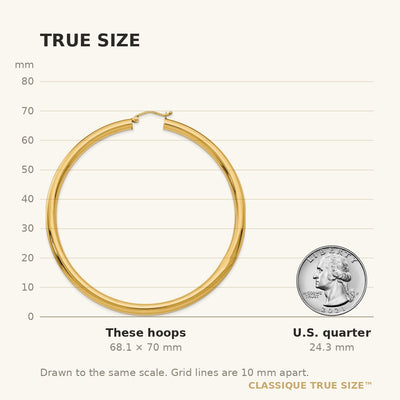 14K Polished Round Tube Hoop Earrings, 70 x 2mm