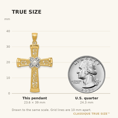 14K w/Rhodium Diamond-cut Filigree Cross Pendant, 39 x 23mm