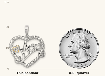 Classique True Size: Sterling Silver Rhodium-plated with 14k Accent Polished CZ MOM Rope Heart Pendant shown next to a US quarter (24.3 mm)