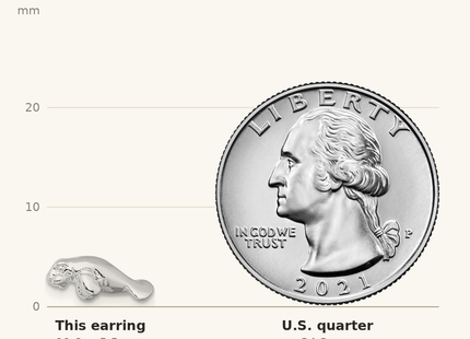 Classique True Size: De-Ani Sterling Silver Rhodium-Plated Polished Mini Manatee Post Earrings shown next to a US quarter (24.3 mm)