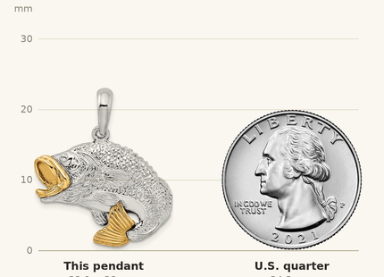 Classique True Size: De-Ani Sterling Silver Rhodium-Plated Jumping Bass with 14k Accents Pendant shown next to a US quarter (24.3 mm)