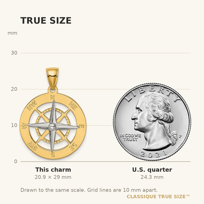 14K Nautical Compass w/White Gold Needle Charm, 29 x 22mm