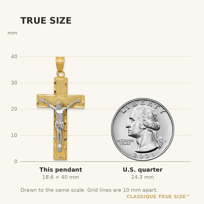 14K Two-tone Diamond Cut Crucifix Pendant, 40 x 19mm