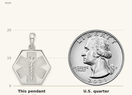 Classique True Size: De-Ani Sterling Silver Rhodium-Plated Polished Caduceus Hexagon Disc Pendant shown next to a US quarter (24.3 mm)