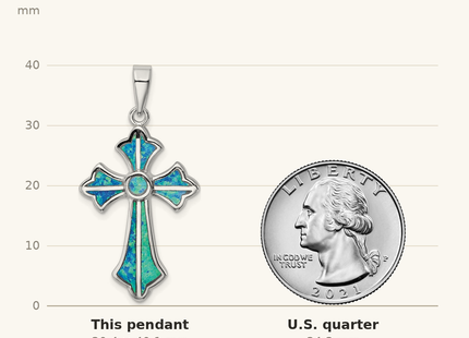 Classique True Size: Sterling Silver Rhodium-plated Blue Inlay Created Opal Cross Pendant shown next to a US quarter (24.3 mm)