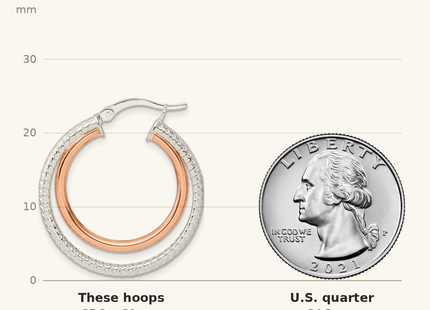 Classique True Size: Sterling Silver and Rose-tone Double Circle Hoop Earrings shown next to a US quarter (24.3 mm)