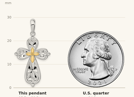 Classique True Size: De-Ani Sterling Silver Rhodium-Plated Diamond-Cut Rounded Cross with 14k Accent Pendant shown next to a US quarter (24.3 mm)