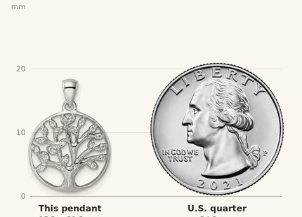 Classique True Size: Sterling Silver Rhodium-plated Polished CZ Tree of Life Pendant shown next to a US quarter (24.3 mm)