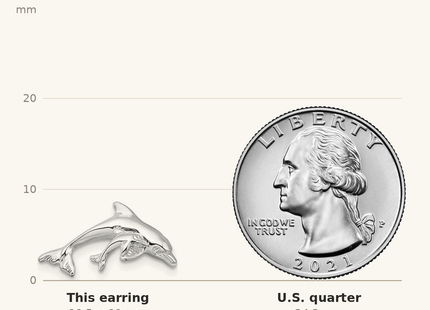 Classique True Size: De-Ani Sterling Silver Rhodium-Plated Polished Dolphin and Baby Post Earrings shown next to a US quarter (24.3 mm)