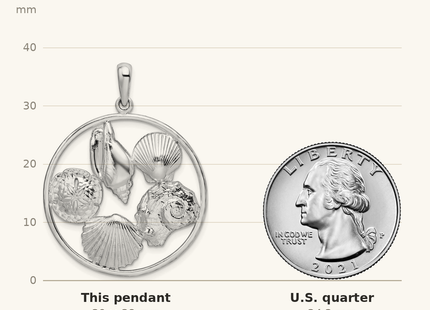 Classique True Size: De-Ani Sterling Silver Rhodium-plated Polished Shells in Circle Pendant shown next to a US quarter (24.3 mm)