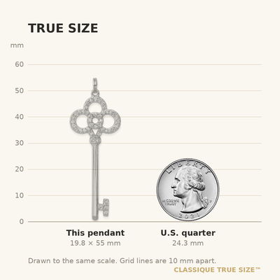 Sterling Silver Rhodium-plated and CZ Key Pendant, 55 x 20mm