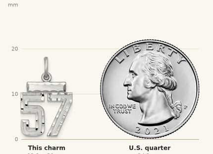 Classique True Size: Sterling Silver Rhodium-plated Diamond-cut #57 Charm shown next to a US quarter (24.3 mm)