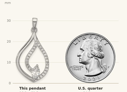 Classique True Size: Sterling Silver Rhodium-plated Marquise CZ Polished Teardrop Pendant shown next to a US quarter (24.3 mm)