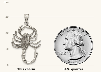 Classique True Size: Sterling Silver Antiqued Scorpion Charm shown next to a US quarter (24.3 mm)